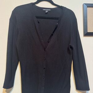 Black Ribbed Cardigan Button-up Sweater